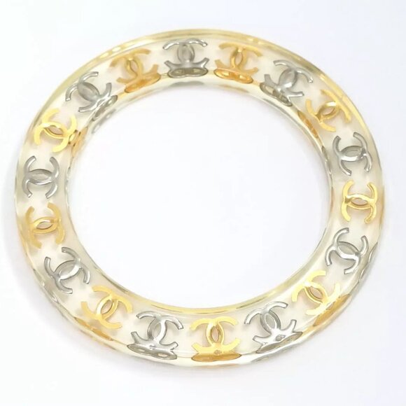 CHANEL CC Logos Clear Lucite Bangle Bracelet 7.8" Gold Tone 97P Auth w/Box #2240 - Picture 13 of 16